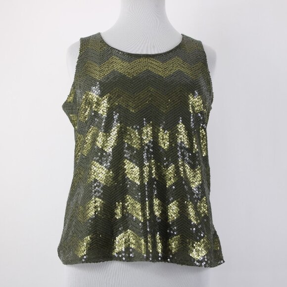 Coldwater Creek Top $75 Sz 1x Green Olive Sequin Chevron Poly Cotton Top - Picture 2 of 16